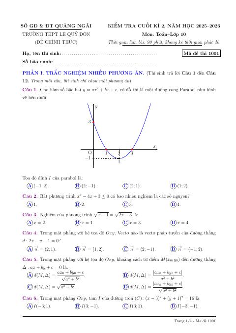 Đề thi Học kì 2 Toán 10 năm 2025-2026 trường THPT Lê Quý Đôn (Quảng Ngãi)